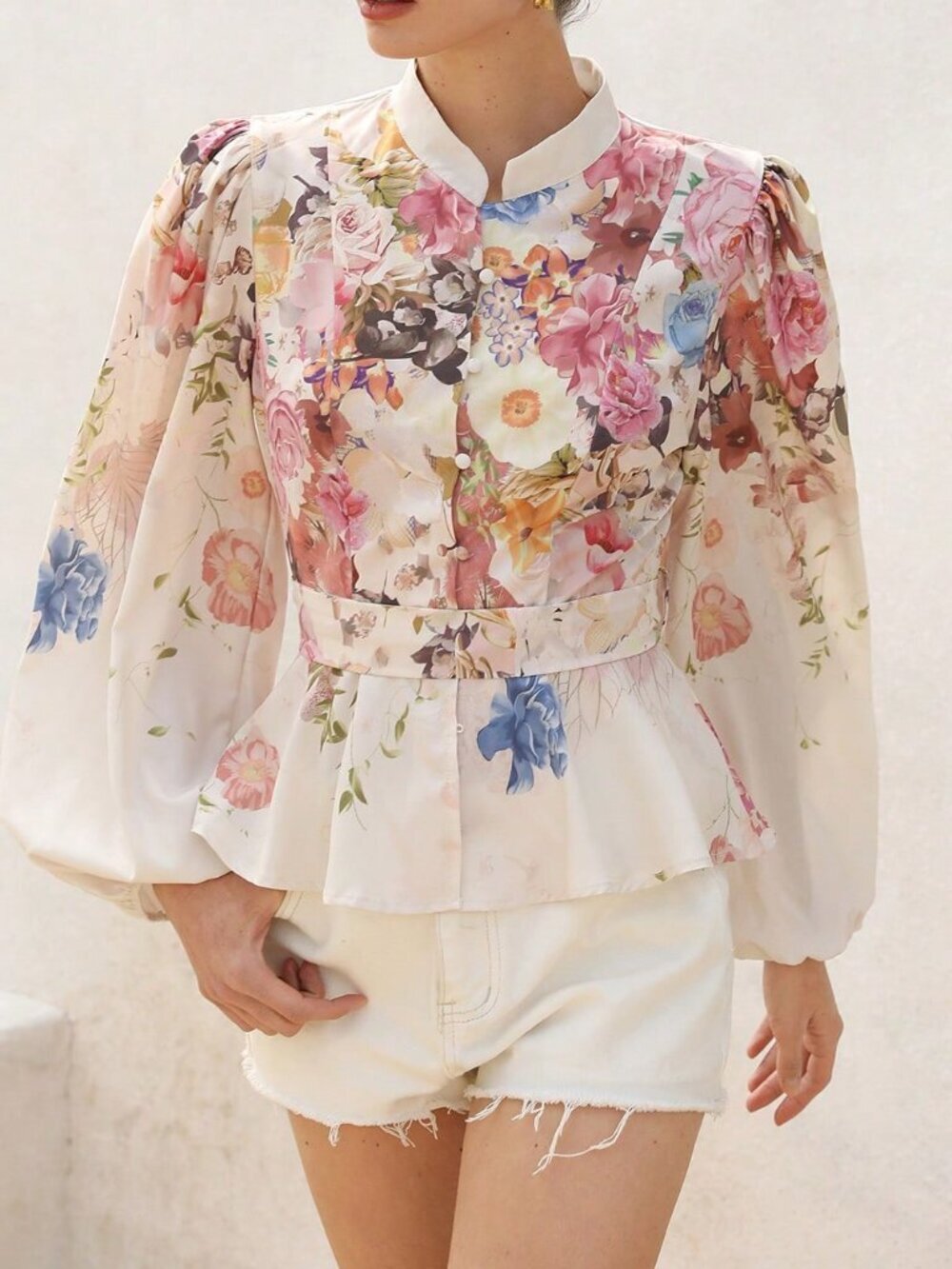 Multicolor Boho Women's Floral Stand-Up Collar Button-Down Long Sleeve Blouse - Picture 4 of 6